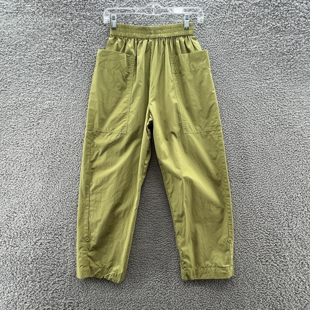 Story Pants Womens 1 or XS Green Utility Pockets Tapered Roll Tab Elastic USA